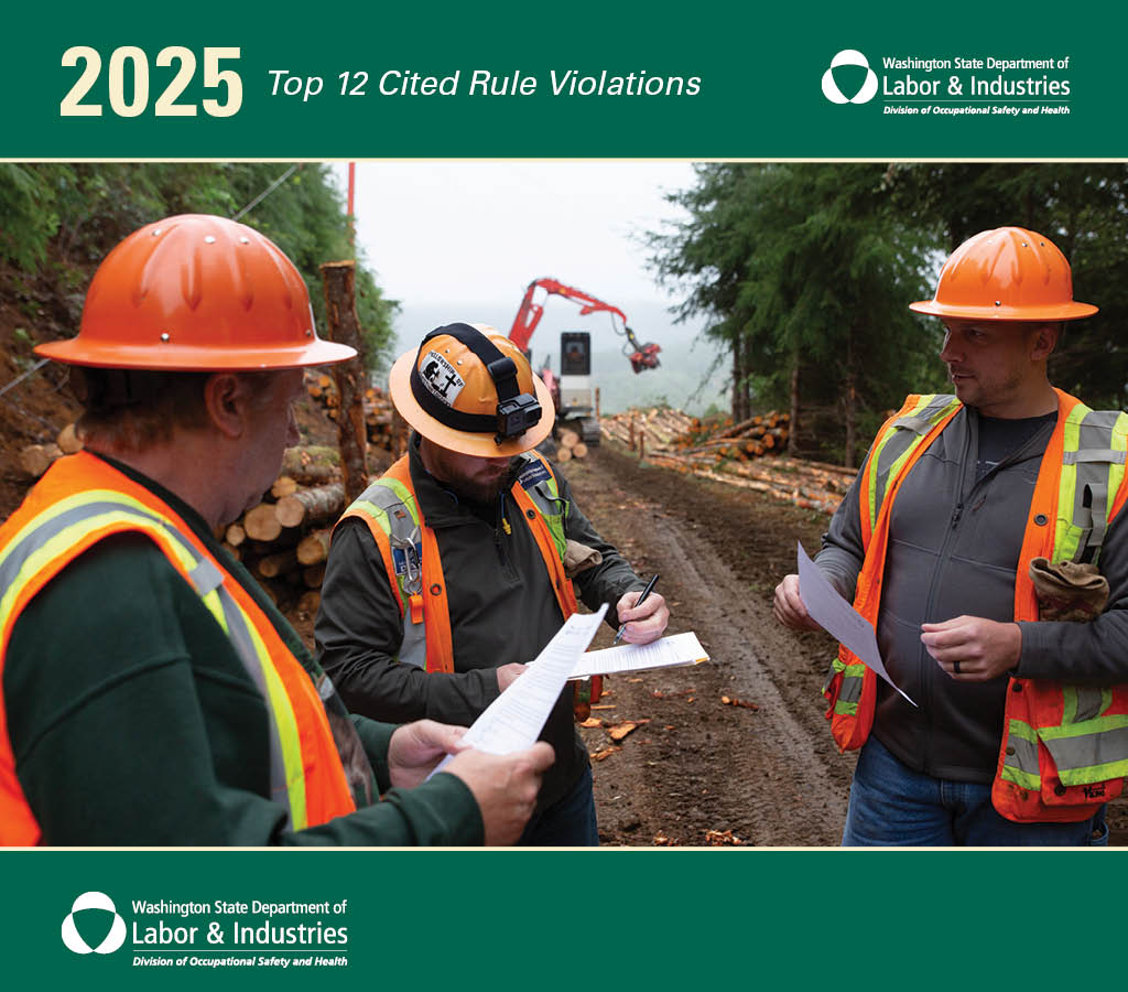 Three people in safety vests and hard hats review paperwork on a dirt logging road with logging equipment in the background - 2025 Safety Calendar cover